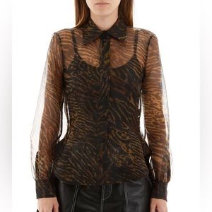 NWOT Ganni Tiger Sheer Button Down Blouse Blouson Sleeves EU38 US SZ 6 Brown Tan